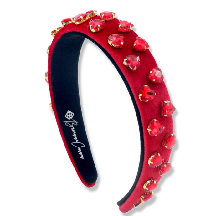 Thin Velvet Headband With Heart Crystals | Pink & Red