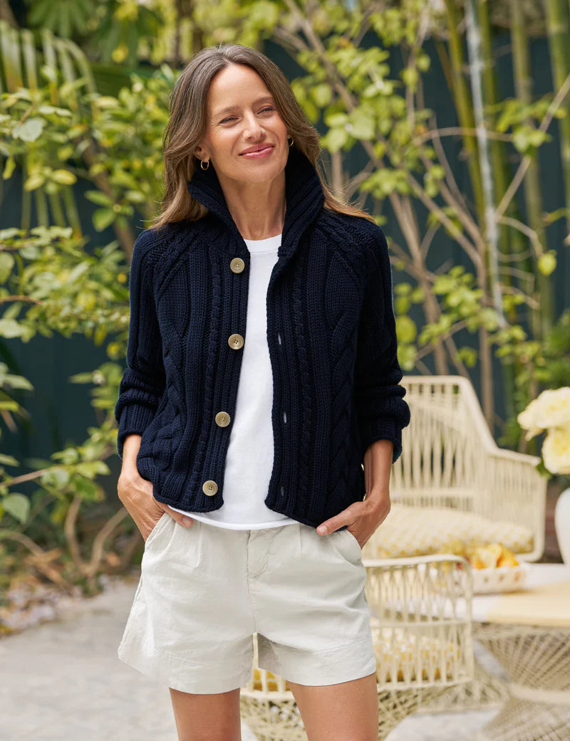Frank & Eileen Mini Cotswolds Cropped Cable Knit Cardigan | Marine