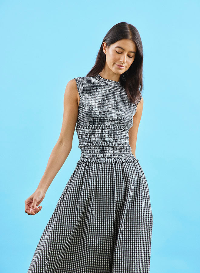 hunter bell beach stripe louise dress Dress, Black & White Seersucker Gingham, Size M Crafted in lightweight seersucker