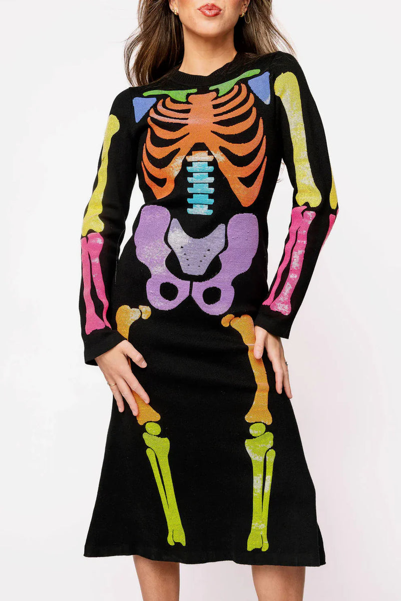 Queen of Sparkles Black Neon Skeleton Halloween Midi Dress M