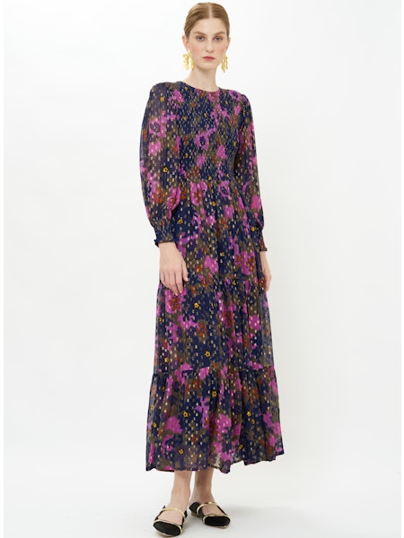 oliphant smocked maxi dress FINAL SALE Top bronze detailing on a Color:Pure Black Linen Smock Dress A Line Pink Dress