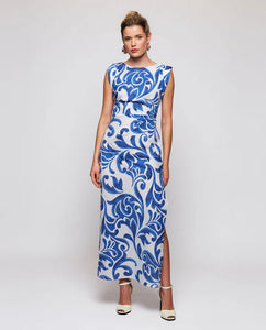 Mirto Blue Ornamental Print Long Dress