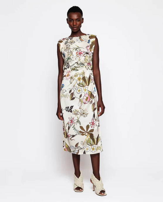 Mirto Beige Botanical Floral Print Midi-Dress