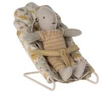 Load image into Gallery viewer, Textile baby bouncer with a plush toy on a white background