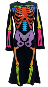 Queen Of Sparkles Black Neon Skeleton Halloween Midi Dress
