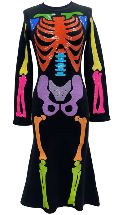 Queen Of Sparkles Black Neon Skeleton Halloween Midi Dress