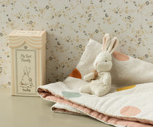 Load image into Gallery viewer, Children's plush rabbit toy with a blanket and gift box on a floral background