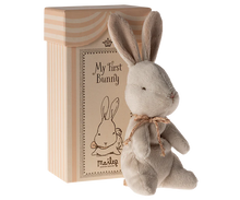 Load image into Gallery viewer, Stuffed bunny toy with a wooden box labeled 'My first Bunny' by Maileg on a white background.