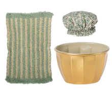 Load image into Gallery viewer, Gold bowl, green scrubber, and floral shower cap on a white background