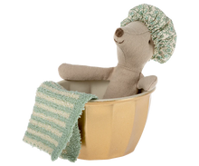 Load image into Gallery viewer, Plush toy hedgehog in a bathtub with a green shower cap and towel on a white background