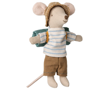 Load image into Gallery viewer, Toy mouse dressed in a striped shirt, shorts, and hat with a backpack on a white background