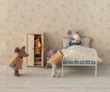 Load image into Gallery viewer, Miniature scene of two toy mice in a bedroom with floral wallpaper.