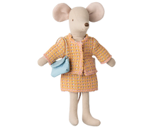 Load image into Gallery viewer, Stuffed mouse toy wearing a yellow checkered outfit with a blue bag on a white background