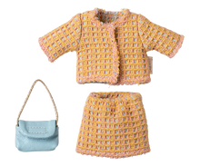 Load image into Gallery viewer, Set of crocheted yellow and pink jacket, skirt, and blue handbag on a white background