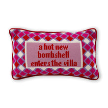 Load image into Gallery viewer, Decorative pillow with text and pink and white pattern on a white background
