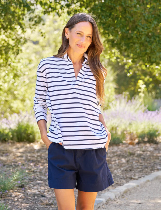 Frank & Eileen Patrick Popover Henley Tee | Wide Navy French Stripe