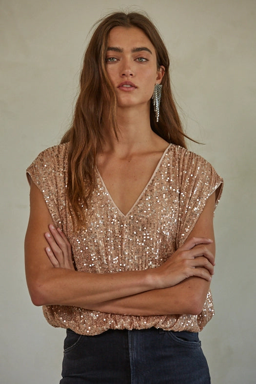 Sequin V-Neck Bodysuit | Rosegold