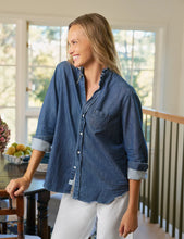 Load image into Gallery viewer, Frank &amp; Eileen | Eileen Ruffle Ruffle Collar Button-Up Shirt Vintage Dark Indigo Wash