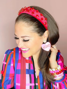 Thin Velvet Headband With Heart Crystals | Pink & Red
