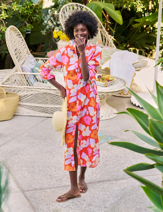 Frank & Eileen Rory Maxi Shirtdress | Italian Classic Linen Orange & Pink Floral