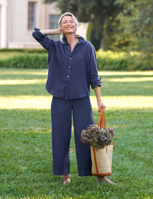 Frank & Eileen Maisie Pull On Crop Wide Leg Linen Pant | Navy