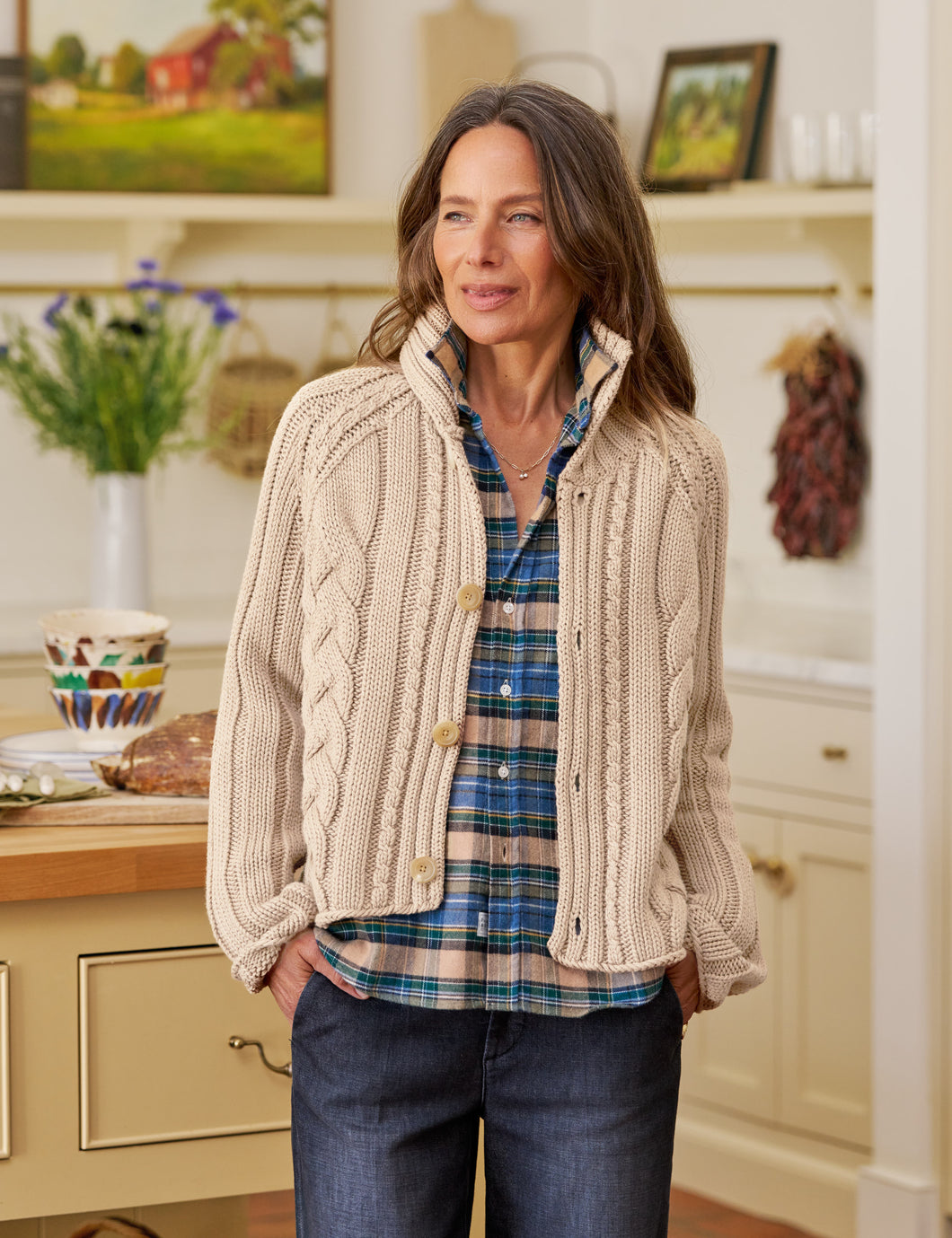 Frank & Eileen Mini Cotswolds Cropped Cable Knit Cardigan | Sand