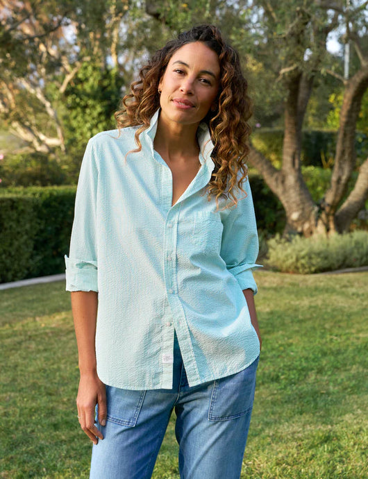 Frank & Eileen | Eileen Relaxed Button Up Italian Seersucker Green & White Stripe