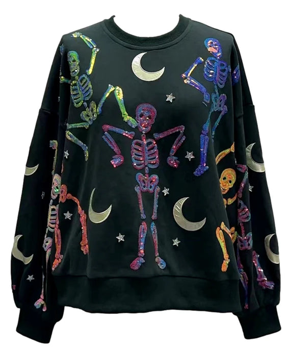 Queen Of Sparkles Dancing Skeletons Halloween Sweatshirt | Black