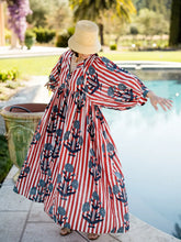 Load image into Gallery viewer, Maison Marigold Taj Maxi Dress | Red, White, &amp; Navy Flower Red Stripes