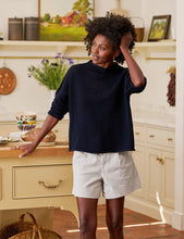Load image into Gallery viewer, Frank &amp; Eileen Monterey Pointelle Rolled Funnel Neck Sweater | Marine Navy