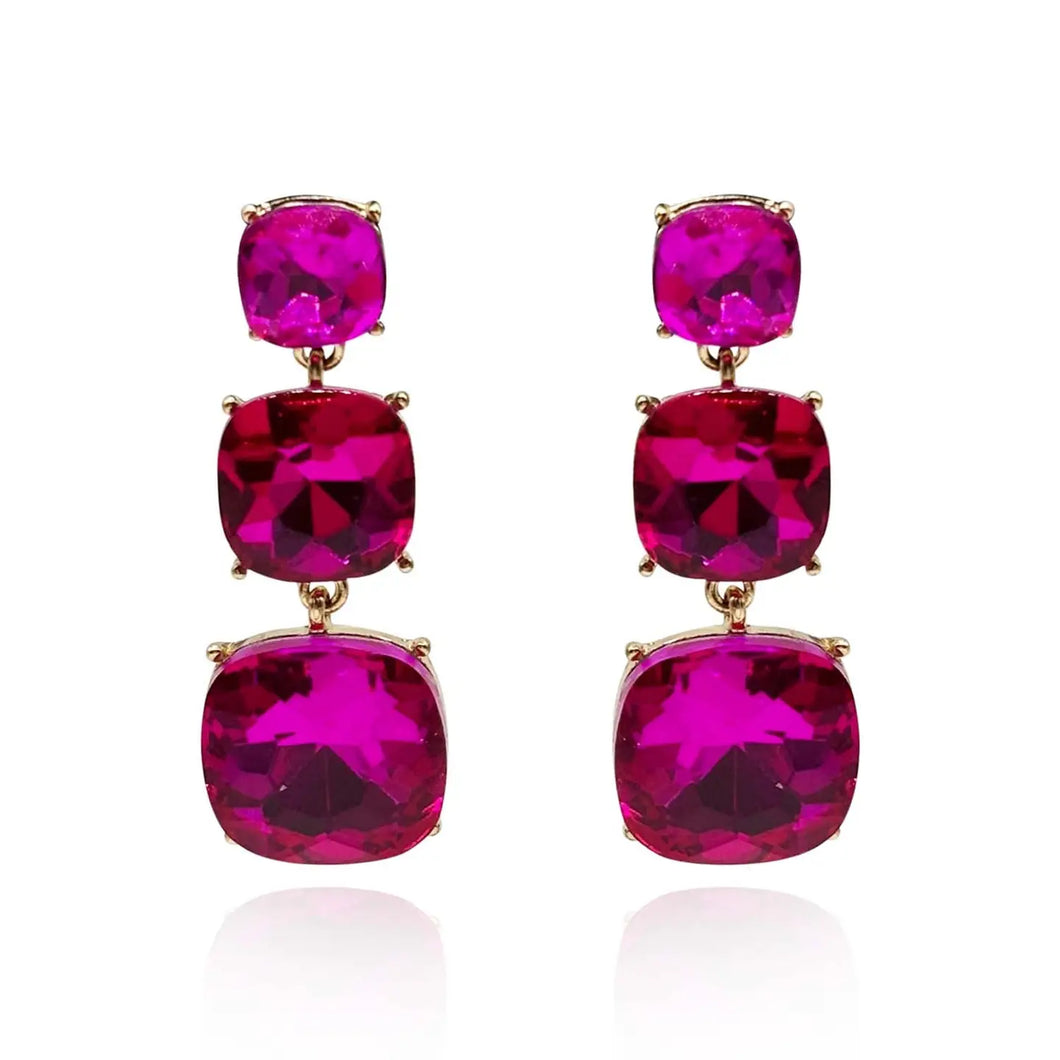Triple Cushion Fuchsia Drop Earrings