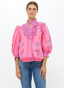 Oliphant Ruffle Front Button Blouse | Boca Pink
