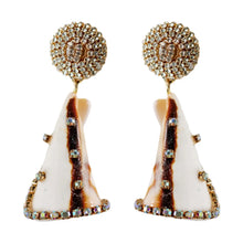 Load image into Gallery viewer, Pair of earrings with decorative tops and base on a white background