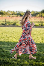 Load image into Gallery viewer, Maison Marigold Taj Maxi Dress | Red, White, &amp; Navy Flower Red Stripes