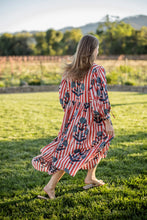 Load image into Gallery viewer, Maison Marigold Taj Maxi Dress | Red, White, &amp; Navy Flower Red Stripes