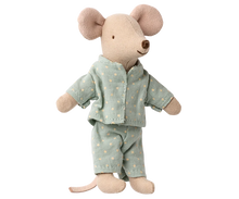 Load image into Gallery viewer, Stuffed mouse toy wearing a light blue outfit with white polka dots on a white background