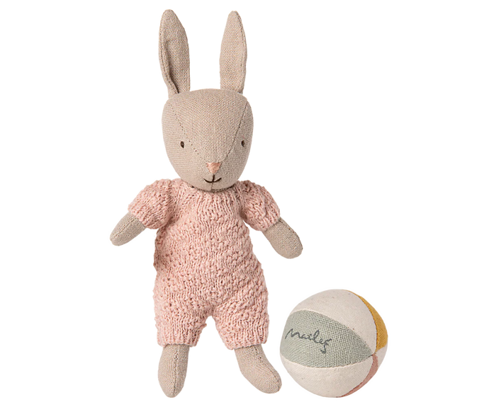 Maileg Baby Rabbit Set Sand Rose w/baby bottle and ball