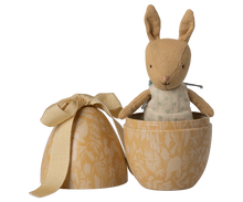 Load image into Gallery viewer, Small rabbit plush toy inside a decorative egg-shaped box on a white background