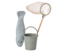 Load image into Gallery viewer, Children's toy set with a gray fish, bucket, and net on a white background