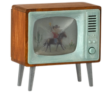 Load image into Gallery viewer, Vintage-style television with a cowboy on horseback on the screen