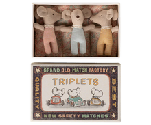 Load image into Gallery viewer, Three stuffed mouse toys in a matchbox with 'Grand Old Match Factory' branding.