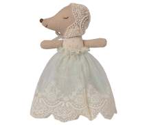 Load image into Gallery viewer, Stuffed animal toy with a lace dress and bonnet on a white background