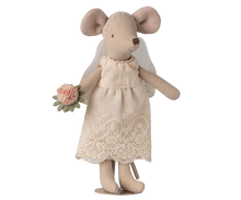 Load image into Gallery viewer, Stuffed mouse toy in a lace dress holding flowers on a white background
