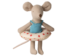 Load image into Gallery viewer, Stuffed mouse toy with a blue swimsuit and red polka dot life preserver on a white background
