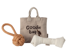 Load image into Gallery viewer, Dog toy, 'Goodie bag', and dog bandana on a white background