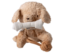 Load image into Gallery viewer, Plush dog toy with a bone and rope on a white background