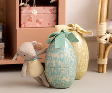 Load image into Gallery viewer, Decorative Easter egg with a bow and a small mouse figurine on a neutral background