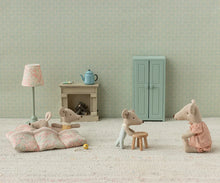 Load image into Gallery viewer, Miniature mouse figures in a room with furniture and decor.