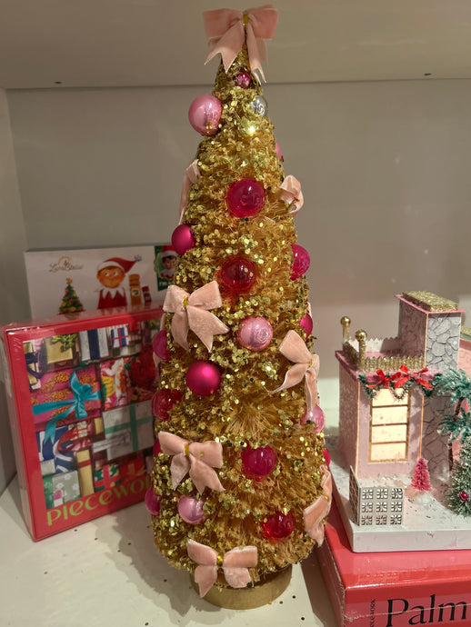 Large Gold Glitter and Pink Balls & Bows Decor Tree
