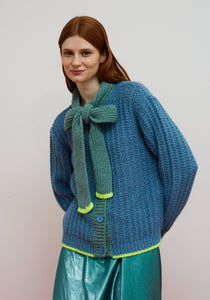Dr. Bloom Berenjena Bow Cardigan | Blue & Neon Yellow